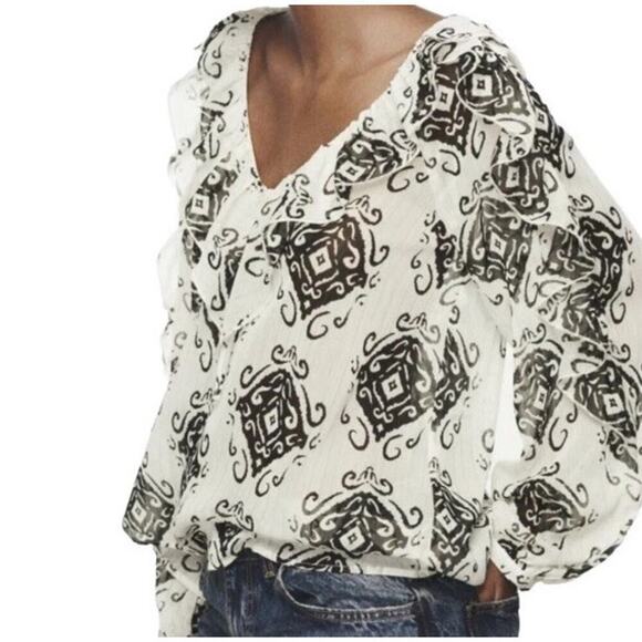 Zara Size XS Black White Printed Semi Sheer Blouse Ruffle New With Tags - Picture 1 of 7